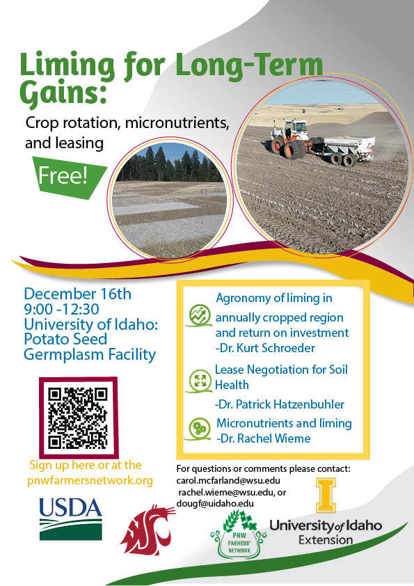 Flyer for "Liming for Long-Term Gains: Crop Rotation, Micronutrients, and Leasing" with a QR code linking to the event.